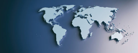 World map. Planet earth globe map flat, blank continents and countries against blue color background, smooth shadows, banner. 3d illustration
