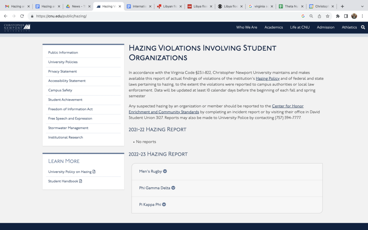 Screen grab of hazing Violations page on CNU Website