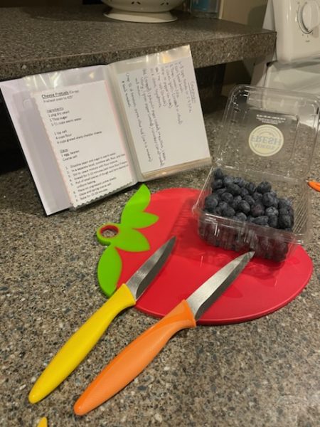 Ingredients, cooking knives and cutting board, photo courtesy of Katherine Zickel