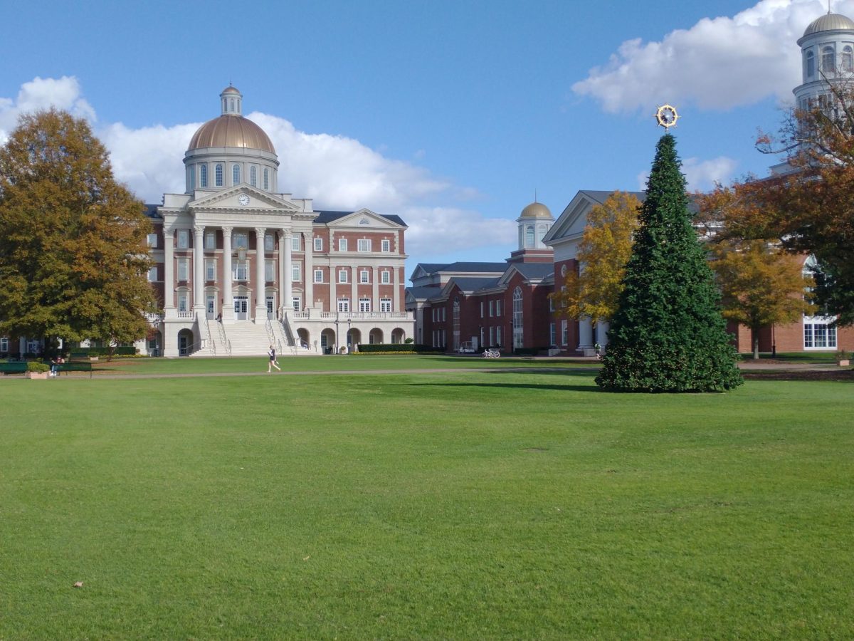 Christopher Newport Hall and the Christmas tree on The Great Lawn, photo by Evelyn Davidson