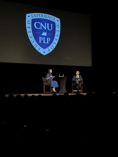 Cassidy Hutchinson speaking at the PLP event with host, CNU Professor William Mims, photo by
Chloe Grell