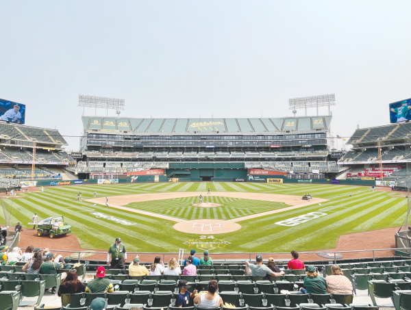 The Oakland Coliseum during a game in August 2021. Oakland Coliseum 2021 by Chris6d is licensed under the CC By-SA 4.0 International Deed.