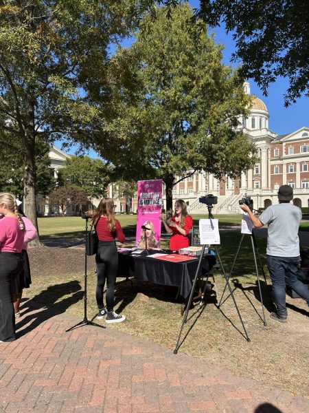 Pro-life spokesperson for the Students For Life organization Lydia Taylor Davis speaks with students outside of Trible Library.
Photo taken by Breanna Dorrian