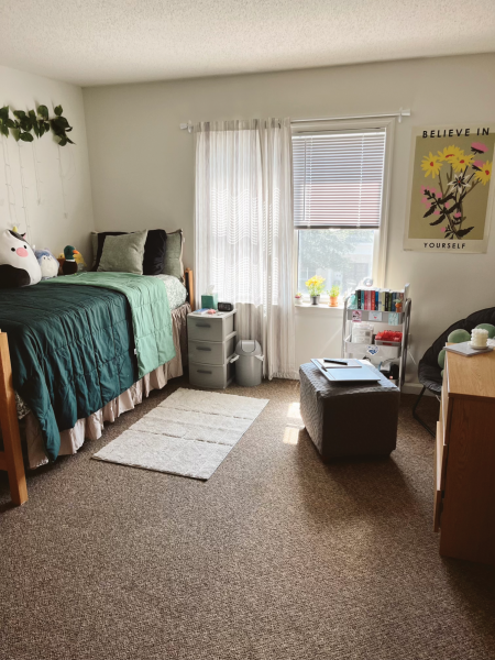 Hall’s carpeted dorm room, courtesy of Claire Hall 