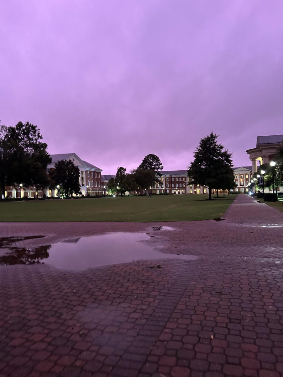 Purple sky over the Great Lawn at CNU after heavy rainfall and
tornado watch Friday, September 27. Photo by Bre Dorrian