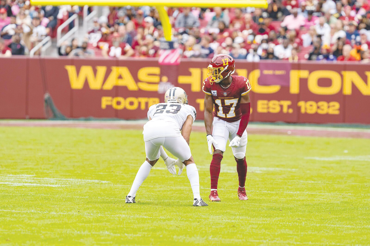 Marshon Lattimore lining up against Washington
Commanders wide receiver Terry McLaurin during
a 2021 regular season game. NFL 2021 - Week 5 -
Washington vs. Saints by All-Pro Reels is licensed
under the CC By Attribution 2.0 Generic Deed.