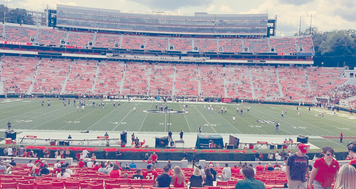 A 50 yard line view of Sanford Stadium, the
home of the Georgia Bulldogs. Sanford
Stadium- University of Georgia by Kehudgin is
licensed under the CC By Attribution 4.0
International Deed.