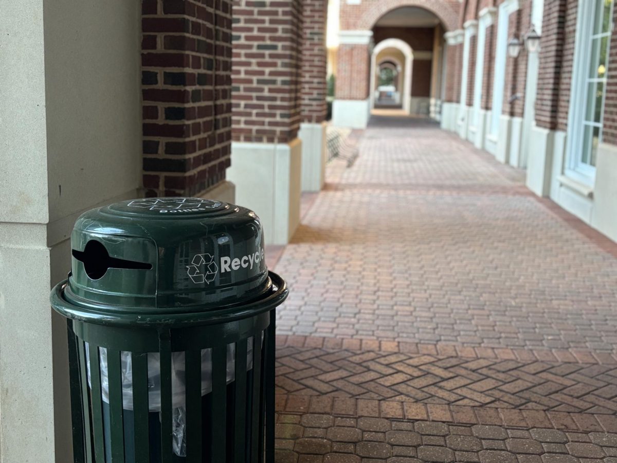 Recycling bin oustide of the David Student Union building at Christopher Newport University. Photo by Patrick Wood