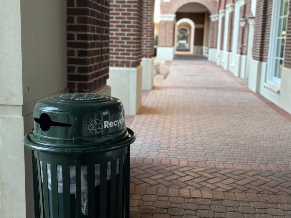 Recycling bin oustide of the David Student Union building at Christopher Newport University. Photo by Patrick Wood