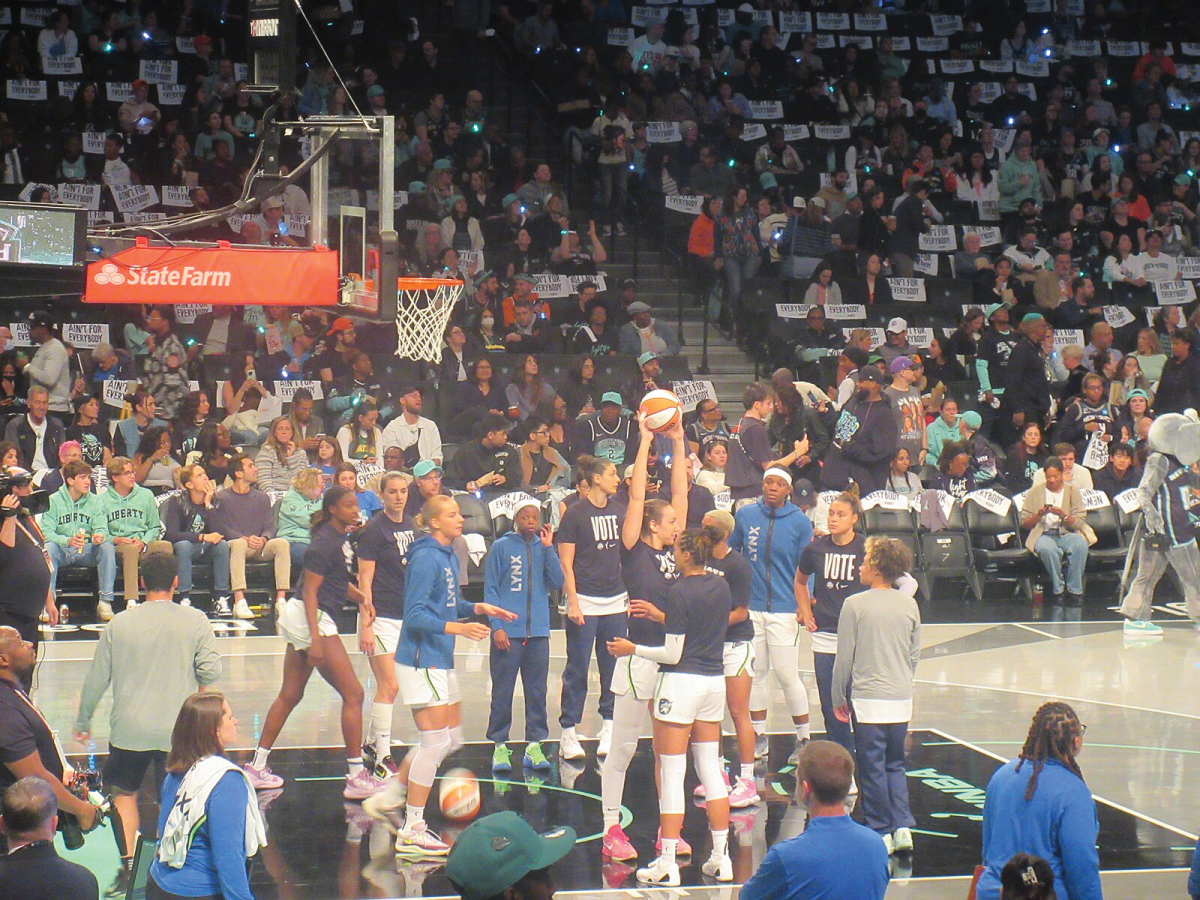 Game 1 of the 2024 WNBA Finals at Barclays
Center on October 10, 2024 between the New
York Liberty and Minnesota Lynx. 2024 WNBA
Finals Game 1 NYL vs MIN by Kew Gardens 613

is licensed under the CC BY-SA 4.0 Attribution-
Sharealike International Deed.