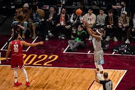 Jimmy Butler shoots a three-point shot during the 2022 NBA
All-Star Game. Jimmy Butler by Erik Drost is licensed under the
CC By Attribution 2.0 Generic Deed.