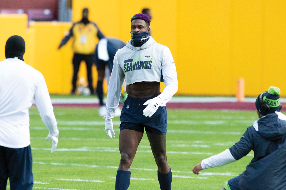 DK Metcalf warming up before a 2020 regular season game
against the Washington Football Team. DK Metcalf by All-Pro
Reels is licensed under the CC By Attribution Sharealike 2.0
Generic Deed.