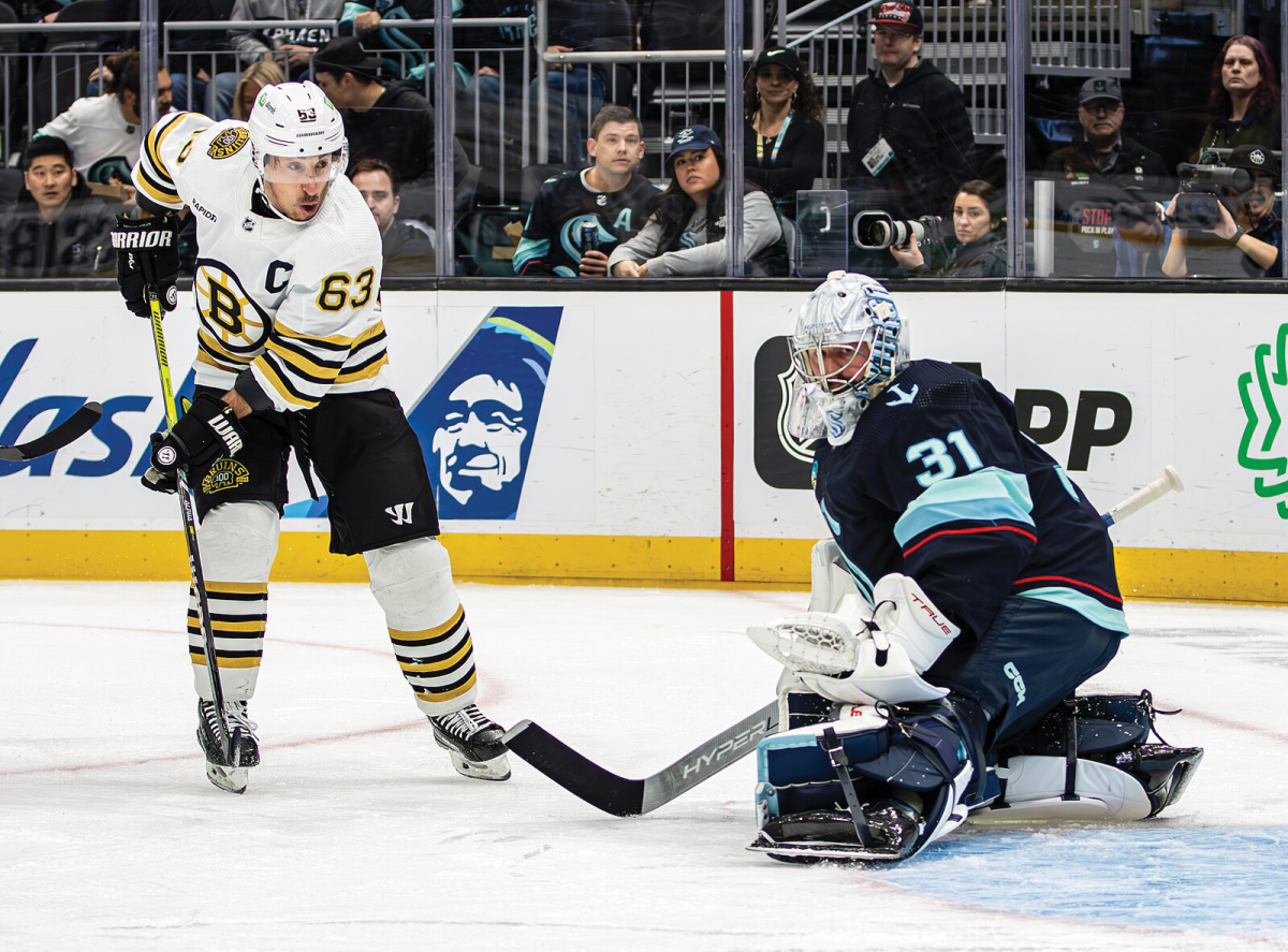 Brad Marchand and Philipp Grubauer during a 2023-2024
regular season game between the Boston Bruins and
Seattle Kraken. Grubauer Marchand by Jenn G is licensed
under the CC By Attribution Sharealike 2.0 Generic Deed.