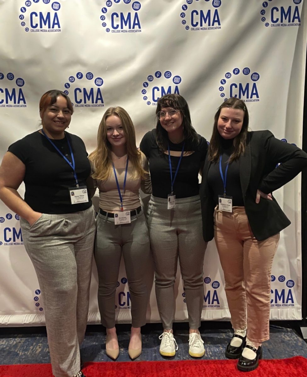 L to R: A&E Editor Alyssa Tillman, News Editor Breanna Dorrian, Digital
Media Manager Lindsay Deyton and Editor-in-Chief Katherine Zickel pose
of a picture at the College Media Association conference in NYC, courtesy
of Katherine Zickel/TheCaptainsLog