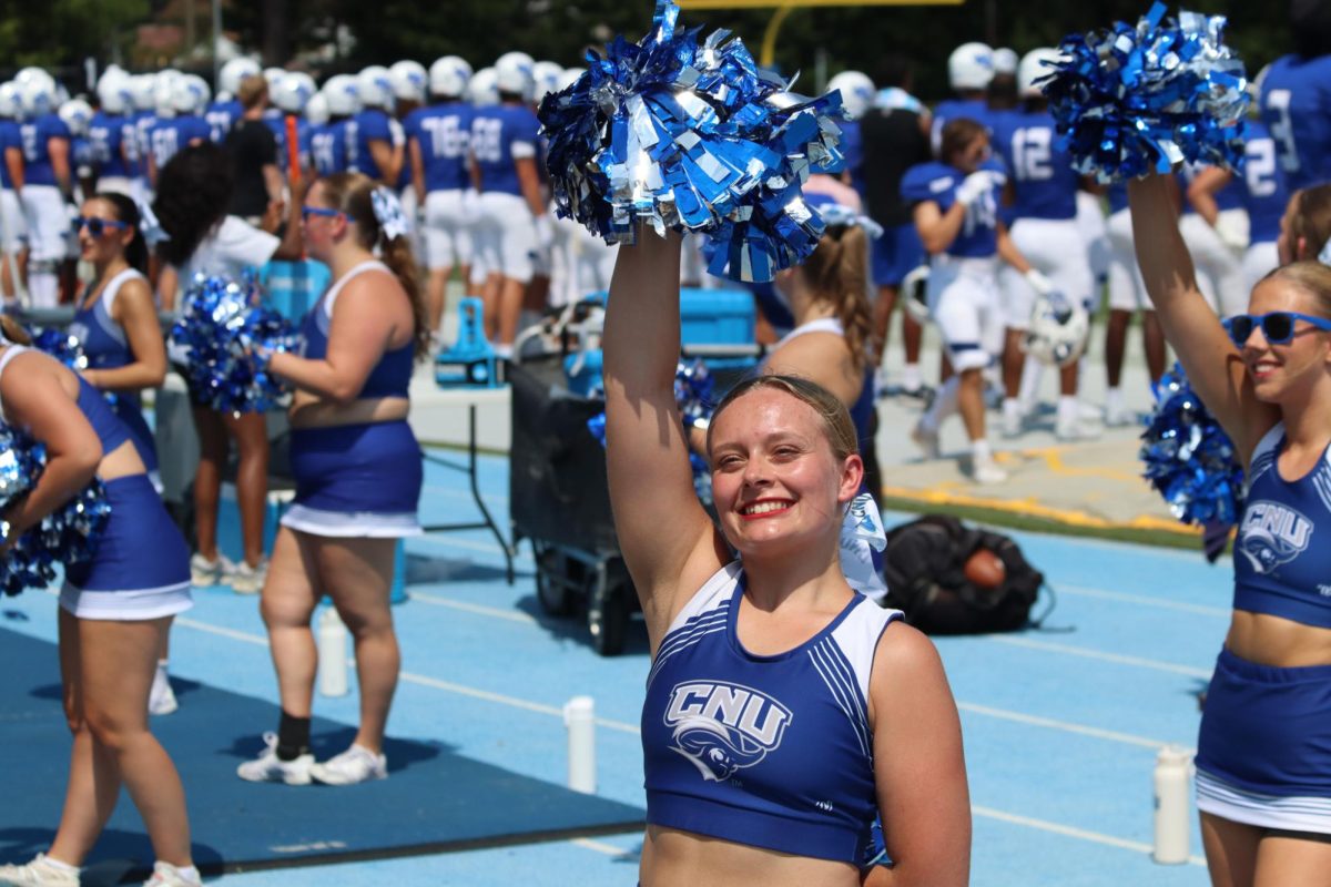 CNU Cheerleaders perfoming on the sidelines, taken by Lindsay Deyton