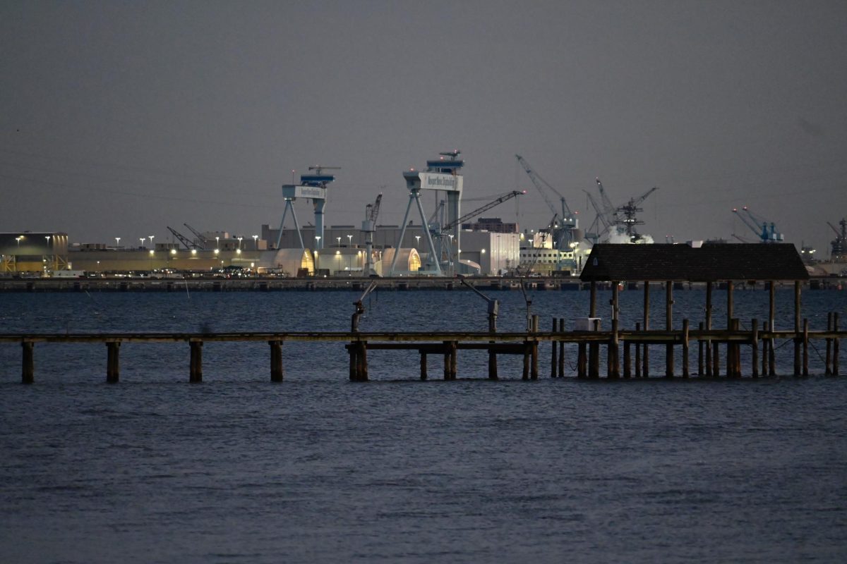 Huntington Ingalls Industries, Inc. (HII)’s Newport News Shipbuilding from afar, photo taken by Claire Hall